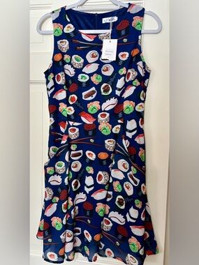 NWT Small L.A. Soul Blue Sushi Print Sleeveless Dress Fully Lined, Pockets, zips